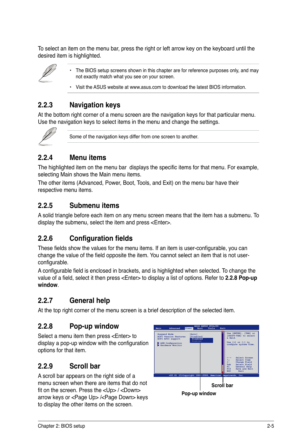 3 navigation keys, 4 menu items, 5 submenu items | 6 configuration fields, 7 general help, 8 pop-up window, 9 scroll bar, Navigation keys -5, Menu items -5, Submenu items -5 | Asus M4A78-HTPC/RC User Manual | Page 51 / 68