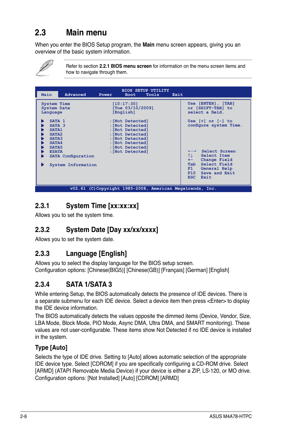 3 main menu, 1 system time [xx:xx:xx, 2 system date [day xx/xx/xxxx | 3 language [english, 4 sata 1/sata 3, Main menu -6 2.3.1, System time [xx:xx:xx] -6, System date [day xx/xx/xxxx] -6, Language [english] -6, Sata 1/sata 3 -6 | Asus M4A78-HTPC/RC User Manual | Page 52 / 68