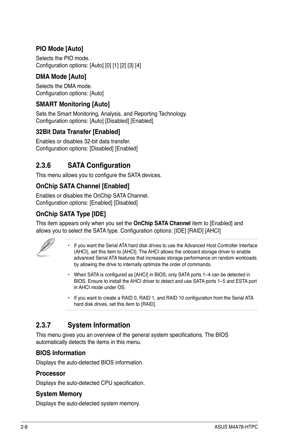 6 sata configuration, 7 system information, Sata configuration -8 | System information -8 | Asus M4A78-HTPC/RC User Manual | Page 54 / 68