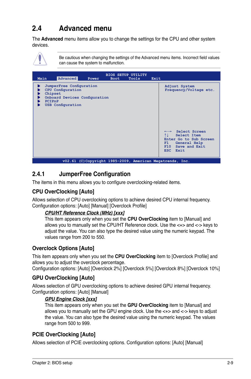 4 advanced menu, 1 jumperfree configuration, Advanced menu -9 2.4.1 | Jumperfree configuration -9, Cpu overclocking [auto, Overclock options [auto, Gpu overclocking [auto, Pcie overclocking [auto | Asus M4A78-HTPC/RC User Manual | Page 55 / 68