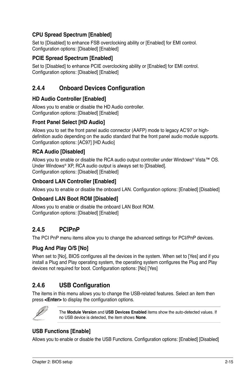 4 onboard devices configuration, 5 pcipnp, 6 usb configuration | Onboard devices configuration -15, Pcipnp -15, Usb configuration -15 | Asus M4A78-HTPC/RC User Manual | Page 61 / 68