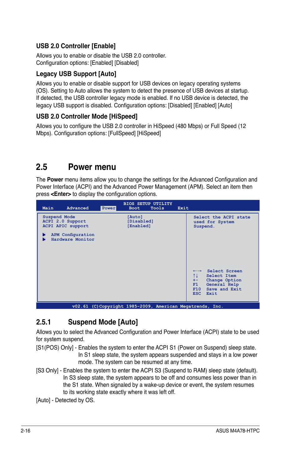 5 power menu, 1 suspend mode [auto, Power menu -16 2.5.1 | Suspend mode [auto] -16, Usb 2.0 controller [enable, Legacy usb support [auto, Usb 2.0 controller mode [hispeed | Asus M4A78-HTPC/RC User Manual | Page 62 / 68