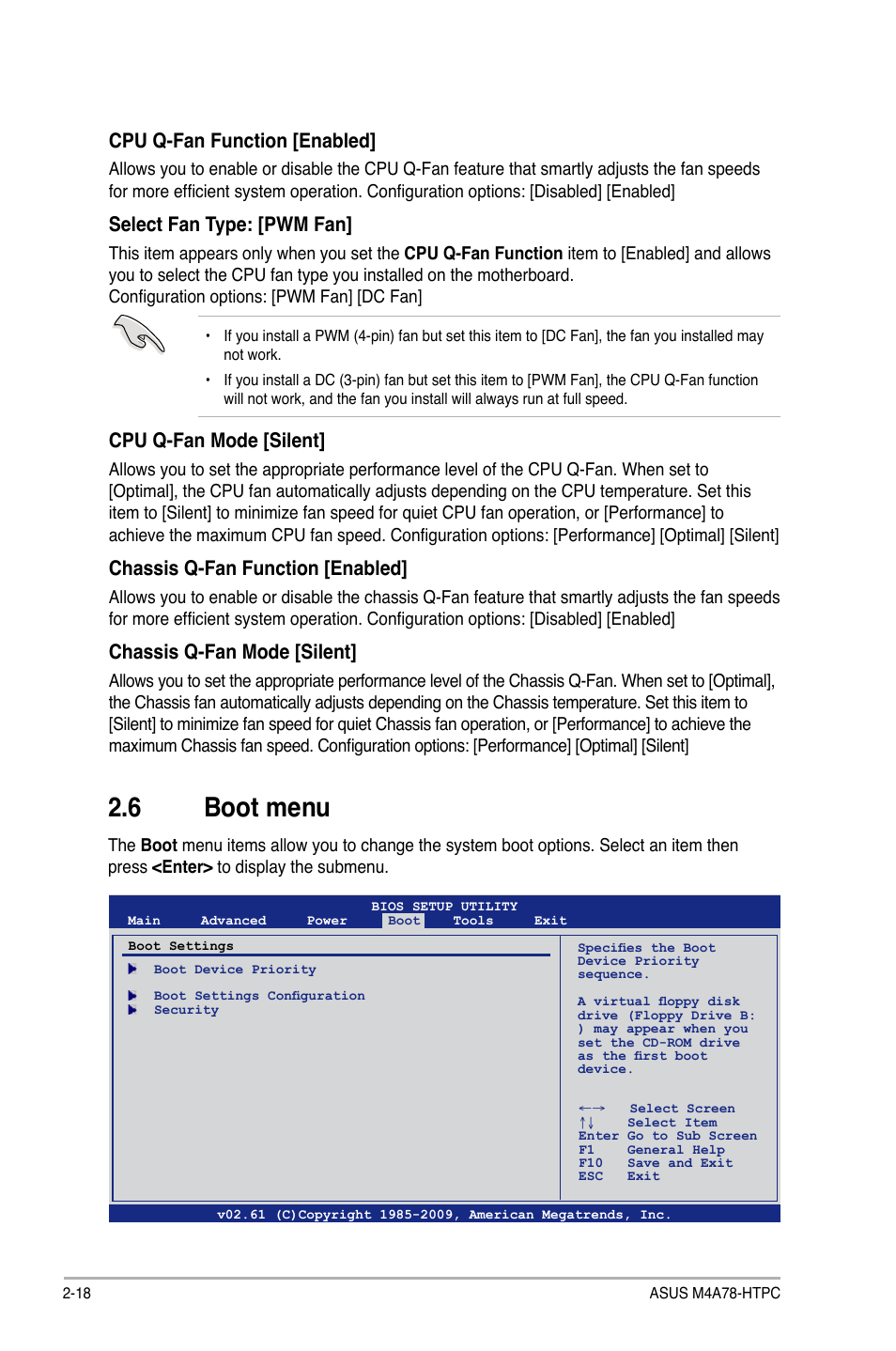 6 boot menu, Boot menu -18, Cpu q-fan function [enabled | Select fan type: [pwm fan, Cpu q-fan mode [silent, Chassis q-fan function [enabled, Chassis q-fan mode [silent | Asus M4A78-HTPC/RC User Manual | Page 64 / 68