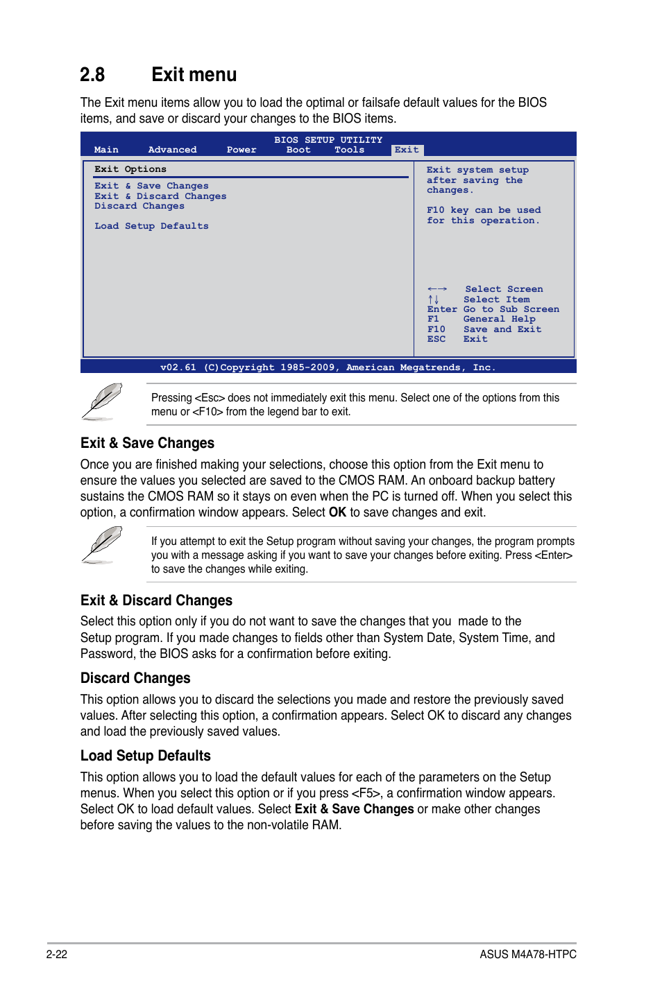 8 exit menu, Exit menu -22, Exit & save changes | Exit & discard changes, Discard changes, Load setup defaults | Asus M4A78-HTPC/RC User Manual | Page 68 / 68