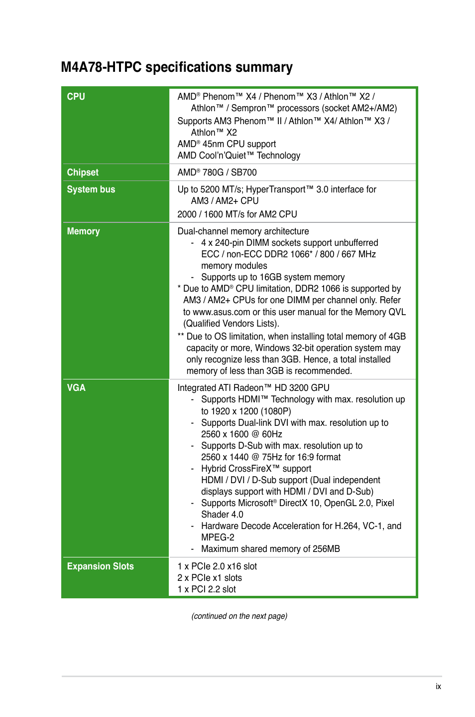 M4a78-htpc specifications summary | Asus M4A78-HTPC/RC User Manual | Page 9 / 68