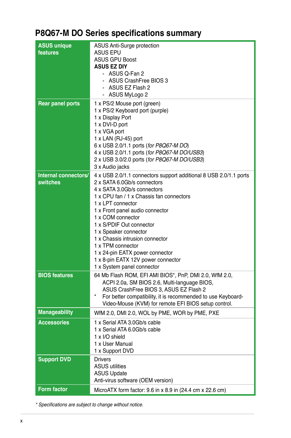 P8q67-m do series specifications summary | Asus P8Q67-M DO/TPM User Manual | Page 10 / 62