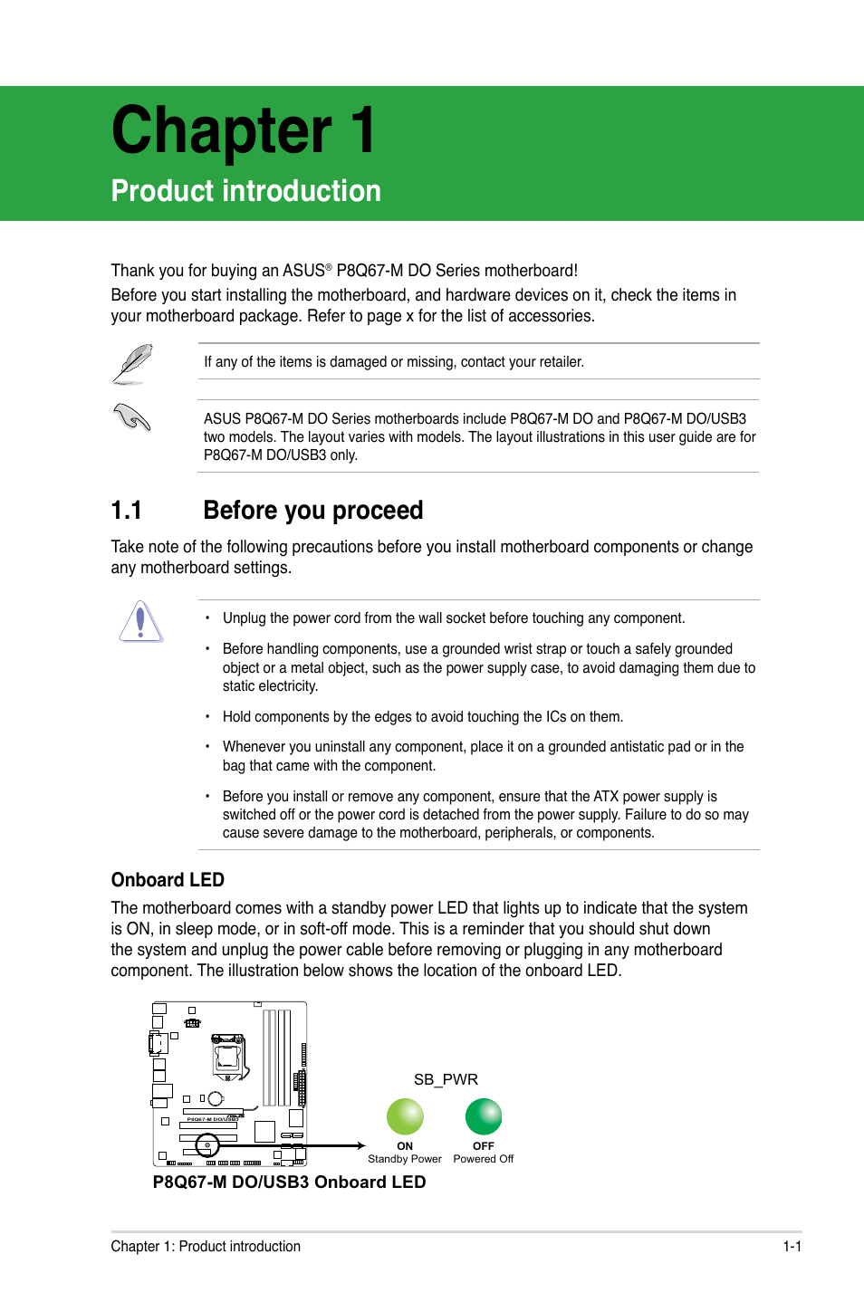 Chapter 1, Product introduction, 1 before you proceed | Before you proceed -1 | Asus P8Q67-M DO/TPM User Manual | Page 11 / 62