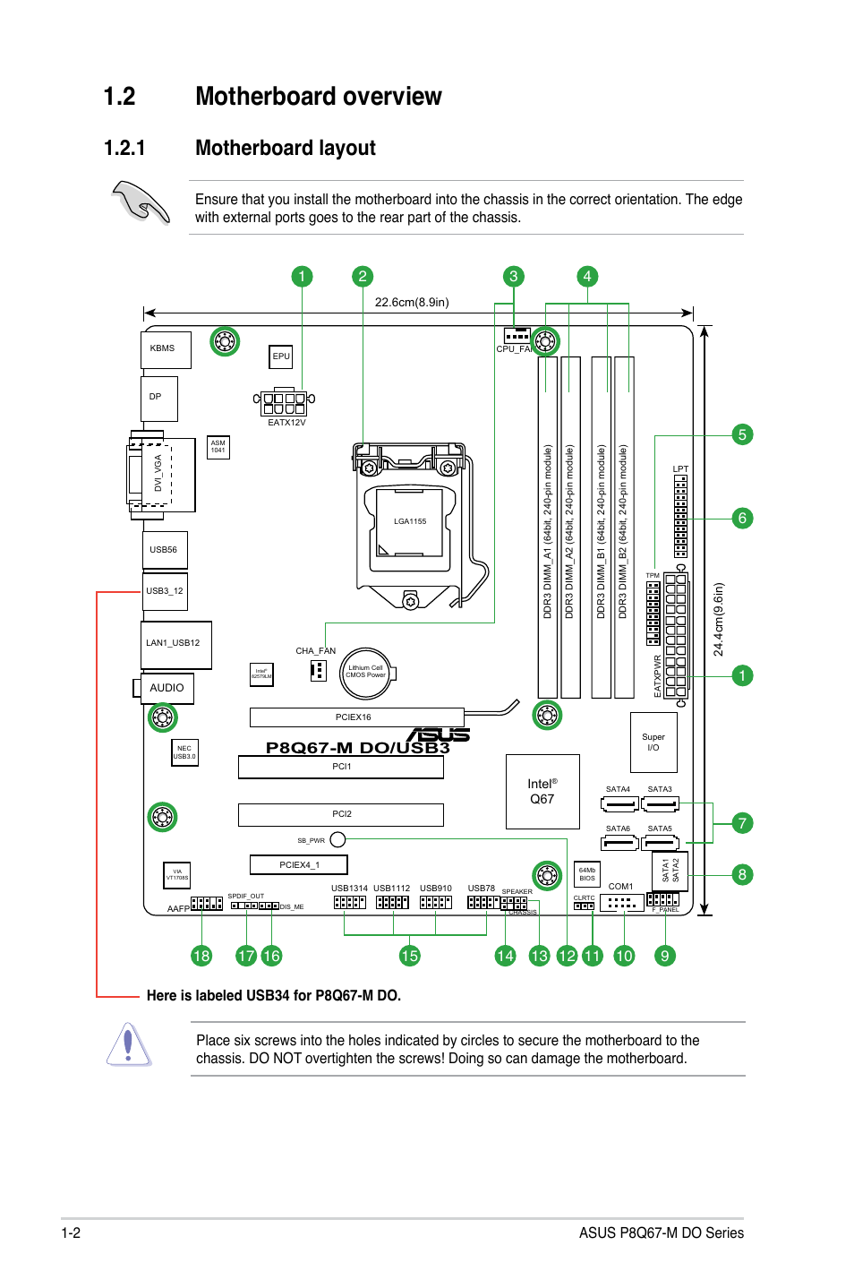 2 motherboard overview, 1 motherboard layout, Motherboard overview -2 1.2.1 | Motherboard layout -2, P8q67-m do/usb3 | Asus P8Q67-M DO/TPM User Manual | Page 12 / 62
