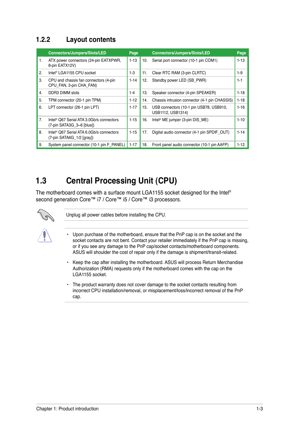 2 layout contents, 3 central processing unit (cpu), Layout contents -3 | Central processing unit (cpu) -3 | Asus P8Q67-M DO/TPM User Manual | Page 13 / 62