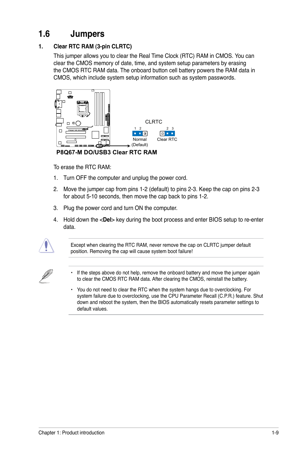 6 jumpers, Jumpers -9 | Asus P8Q67-M DO/TPM User Manual | Page 19 / 62