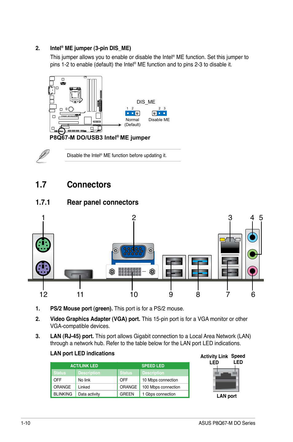 7 connectors, 1 rear panel connectors, Connectors -10 1.7.1 | Rear panel connectors -10 | Asus P8Q67-M DO/TPM User Manual | Page 20 / 62