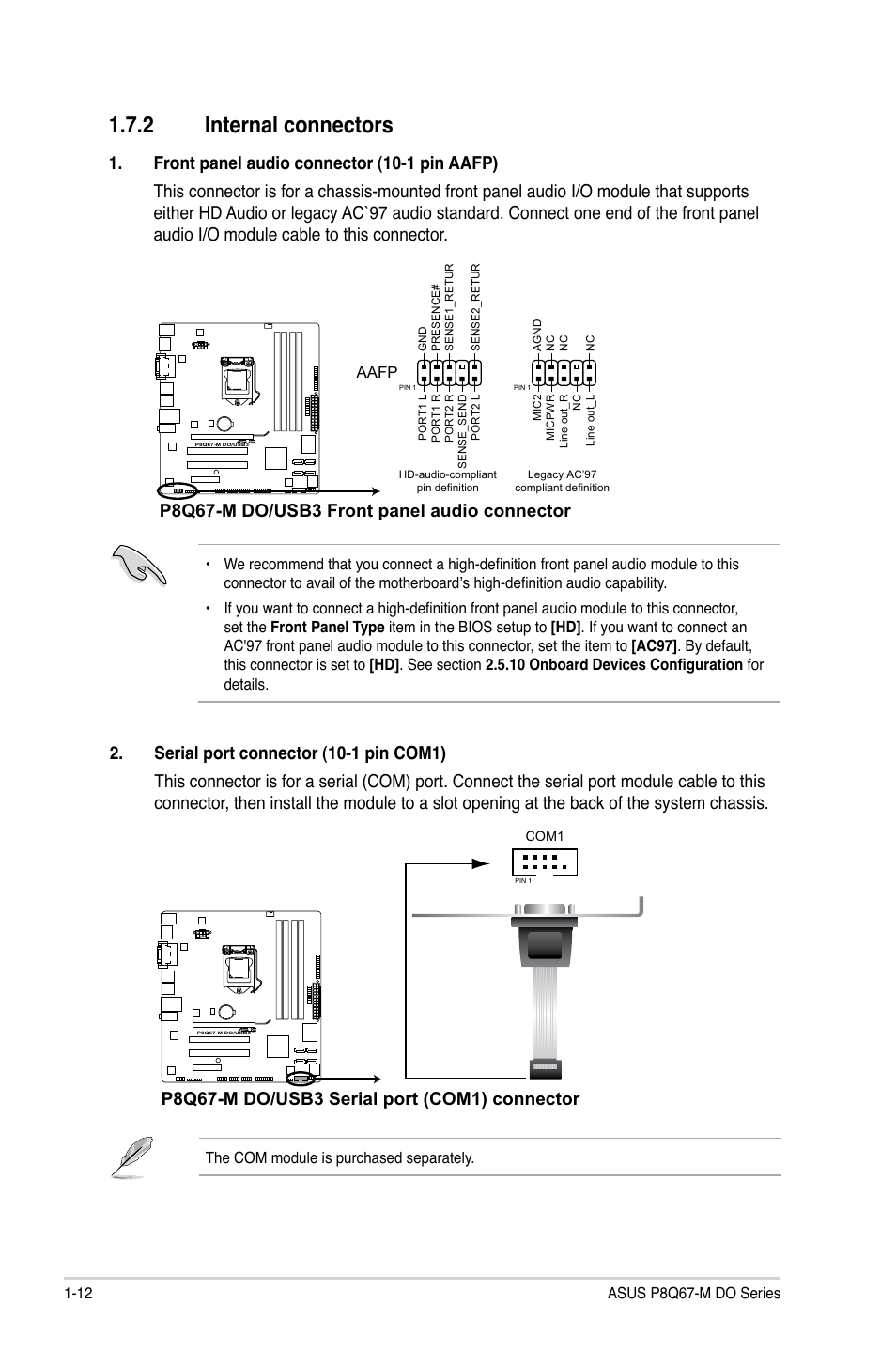 2 internal connectors, Internal connectors -12, P8q67-m do/usb3 front panel audio connector | Asus P8Q67-M DO/TPM User Manual | Page 22 / 62