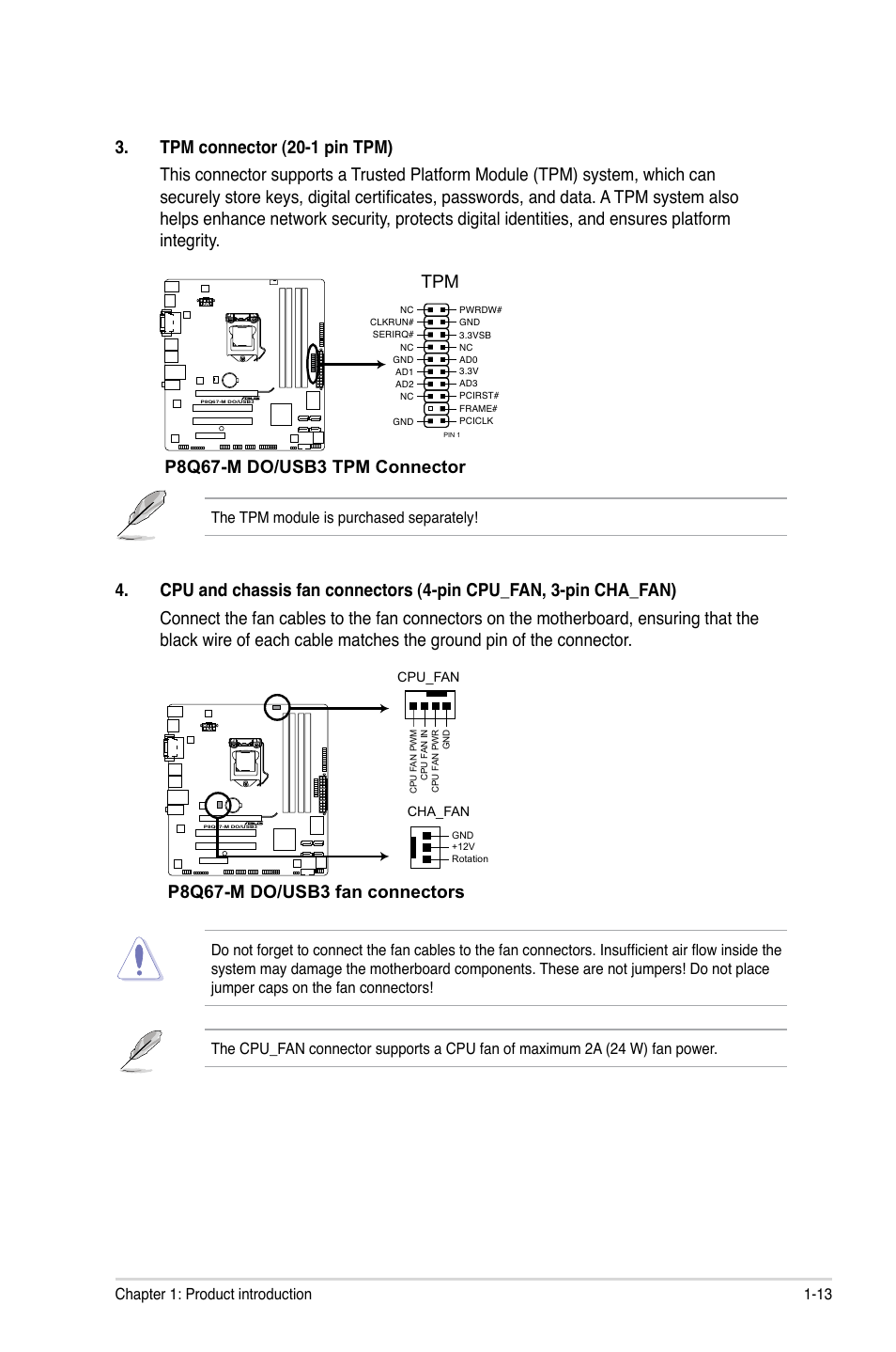 P8q67-m do/usb3 tpm connector tpm, P8q67-m do/usb3 fan connectors, 13 chapter 1: product introduction | The tpm module is purchased separately | Asus P8Q67-M DO/TPM User Manual | Page 23 / 62