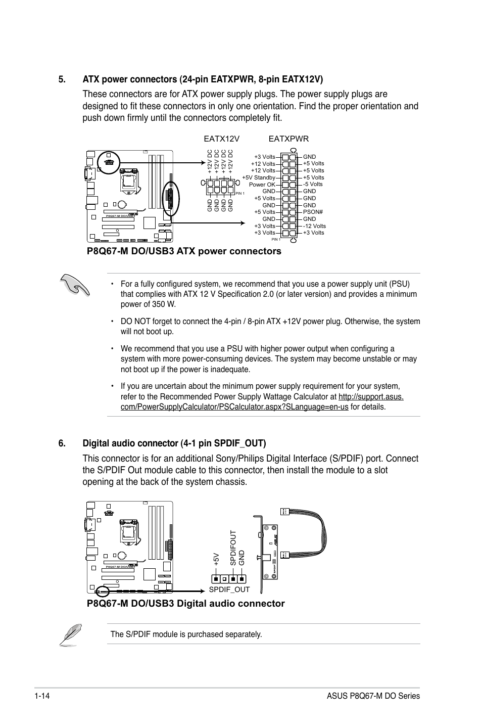 P8q67-m do/usb3 atx power connectors, P8q67-m do/usb3 digital audio connector | Asus P8Q67-M DO/TPM User Manual | Page 24 / 62