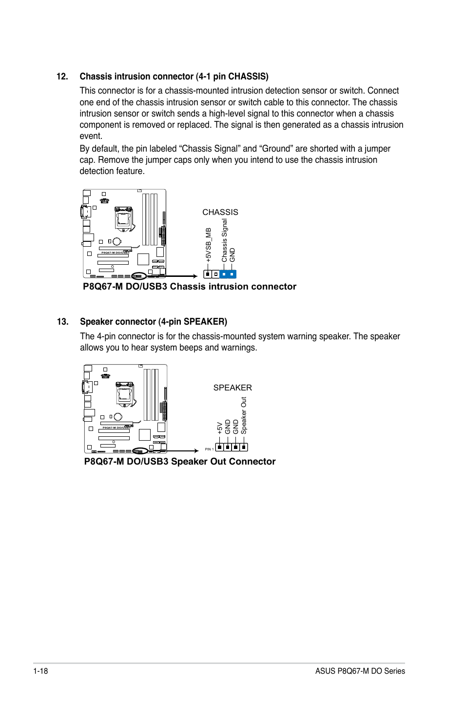 P8q67-m do/usb3 chassis intrusion connector, P8q67-m do/usb3 speaker out connector | Asus P8Q67-M DO/TPM User Manual | Page 28 / 62