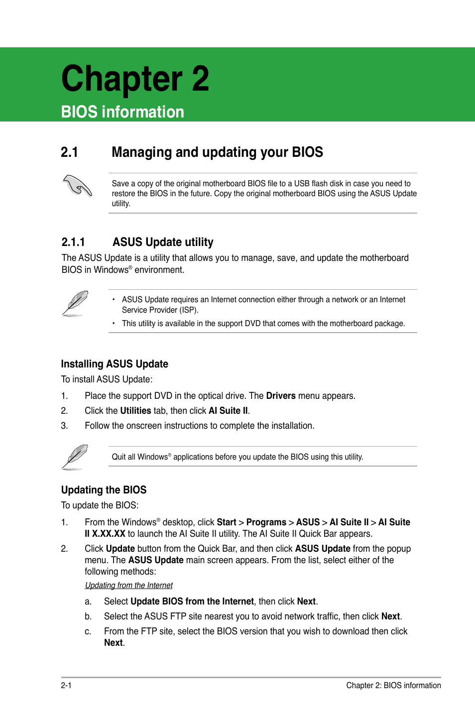 Chapter 2, Bios information, 1 managing and updating your bios | 1 asus update utility, Managing and updating your bios -1 2.1.1, Asus update utility -1 | Asus P8Q67-M DO/TPM User Manual | Page 30 / 62