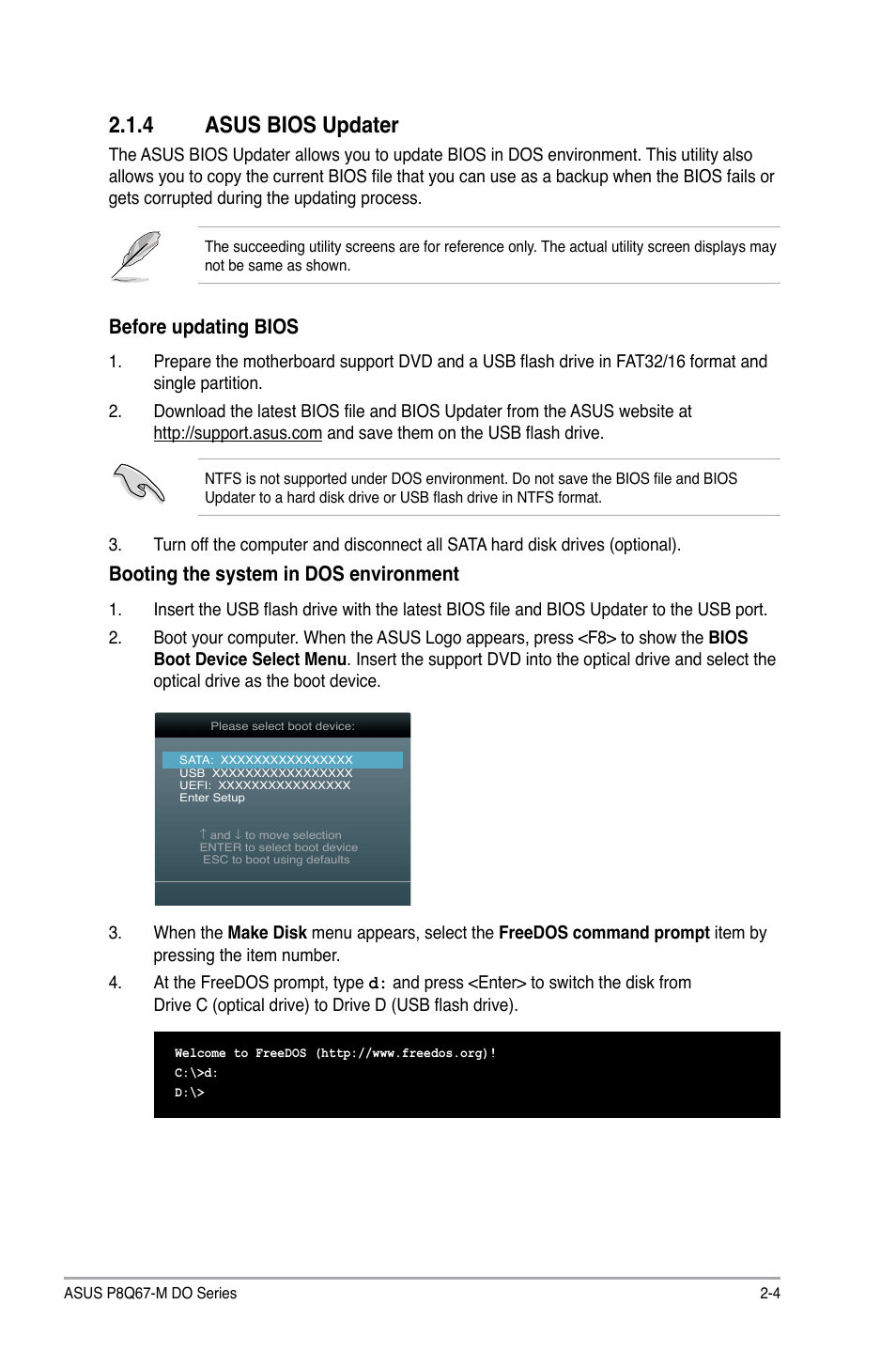 4 asus bios updater, Asus bios updater -4, Before updating bios | Booting the system in dos environment | Asus P8Q67-M DO/TPM User Manual | Page 33 / 62