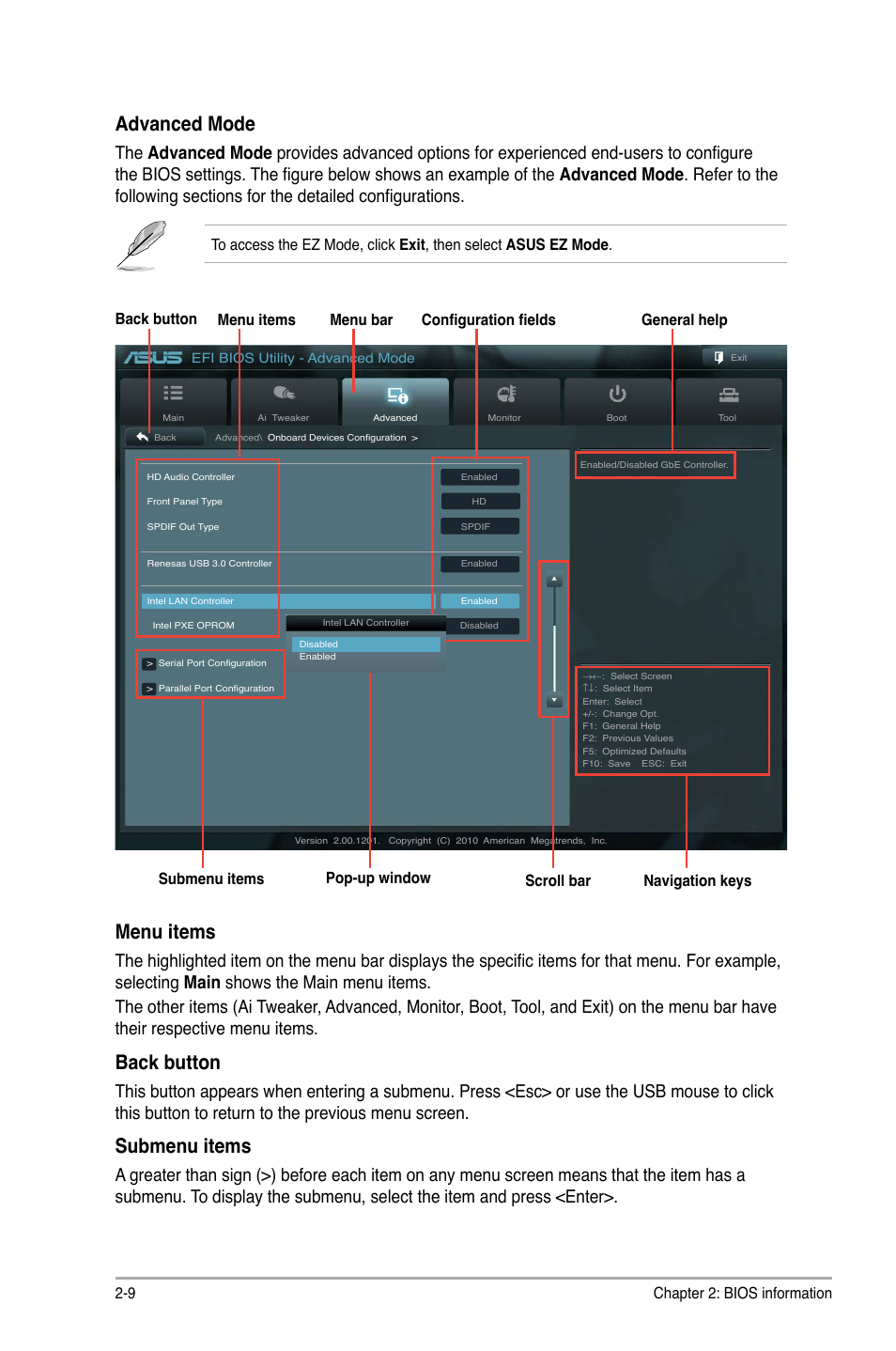 Advanced mode, Menu items, Back button | Submenu items, Chapter 2: bios information 2-9, Navigation keys | Asus P8Q67-M DO/TPM User Manual | Page 38 / 62