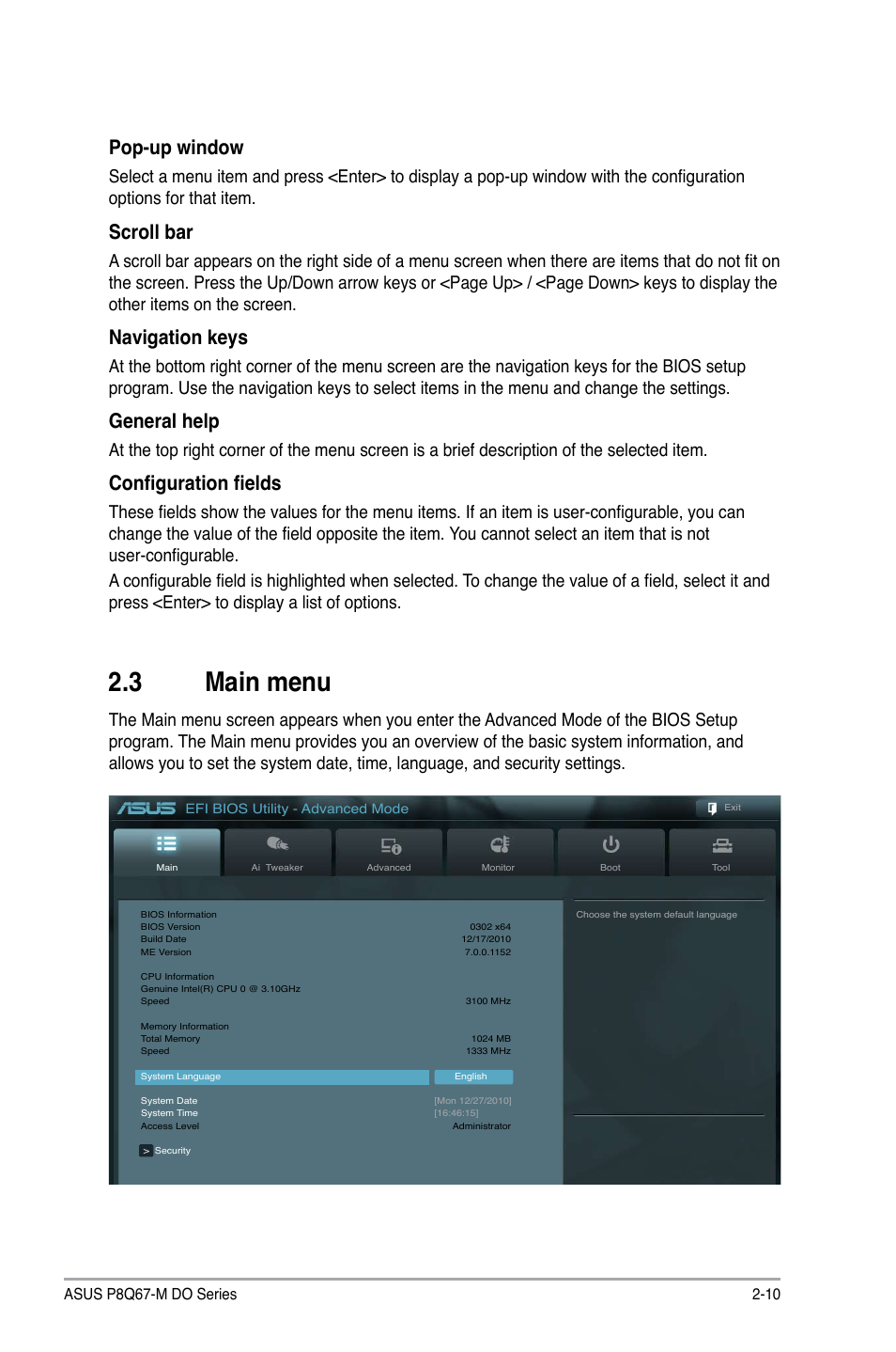 3 main menu, Main menu -10, Pop-up window | Scroll bar, Navigation keys, General help, Configuration fields | Asus P8Q67-M DO/TPM User Manual | Page 39 / 62