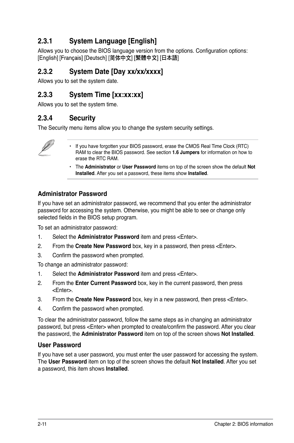 1 system language, 2 system date, 3 system time | 4 security, System language -11, System date -11, System time -11, Security -11, 1 system language [english, 3 system time [xx:xx:xx | Asus P8Q67-M DO/TPM User Manual | Page 40 / 62