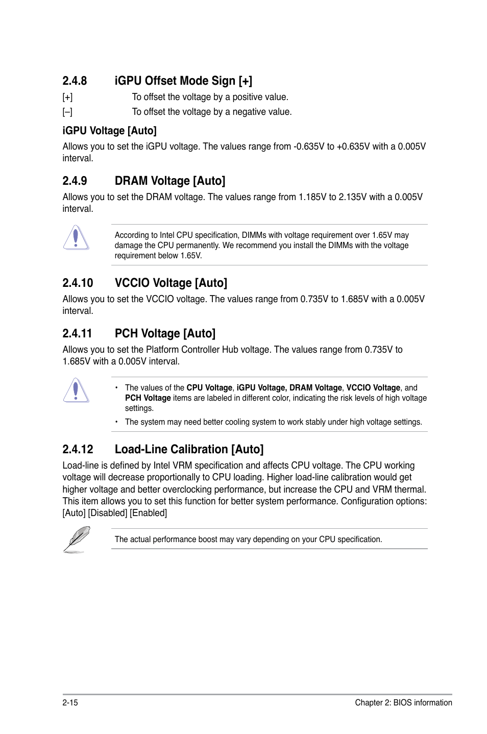 8 igpu offset mode sign, 9 dram voltage, 10 vccio voltage | 11 pch voltage, 12 load-line calibration, Igpu offset mode sign -15, Dram voltage -15, 9 dram voltage [auto, 10 vccio voltage [auto, 11 pch voltage [auto | Asus P8Q67-M DO/TPM User Manual | Page 44 / 62