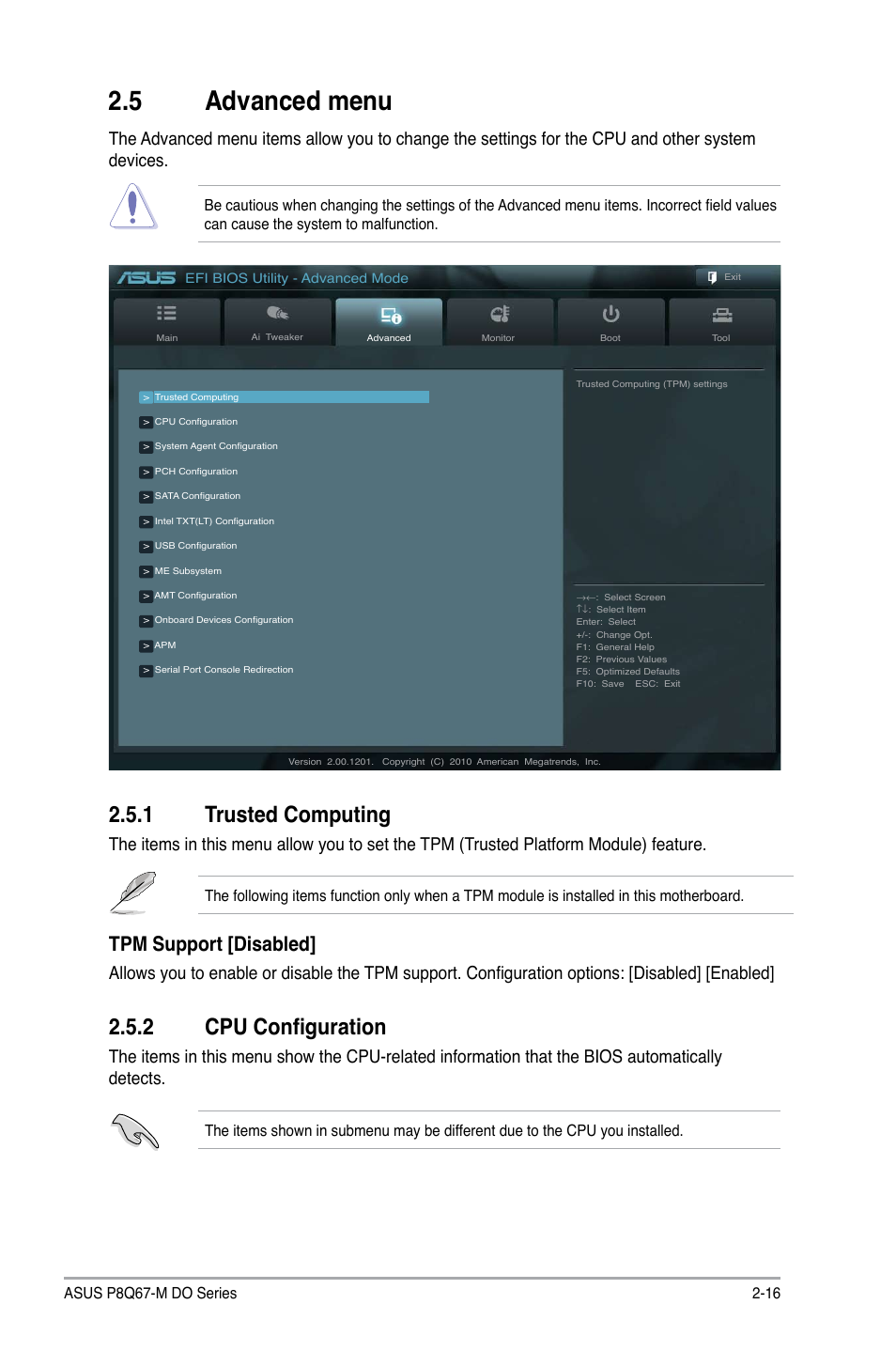 5 advanced menu, 1 trusted computing, 2 cpu configuration | Advanced menu -16 2.5.1, Trusted computing -16, Cpu configuration -16, Tpm support [disabled | Asus P8Q67-M DO/TPM User Manual | Page 45 / 62