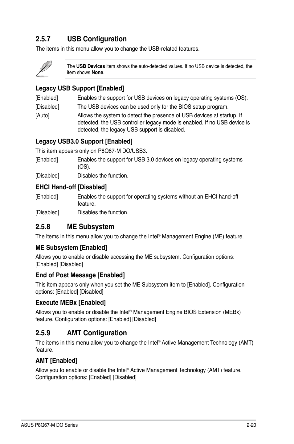 7 usb configuration, 8 me subsystem, 9 amt configuration | Usb configuration -20, Me subsystem -20, Amt configuration -20 | Asus P8Q67-M DO/TPM User Manual | Page 49 / 62