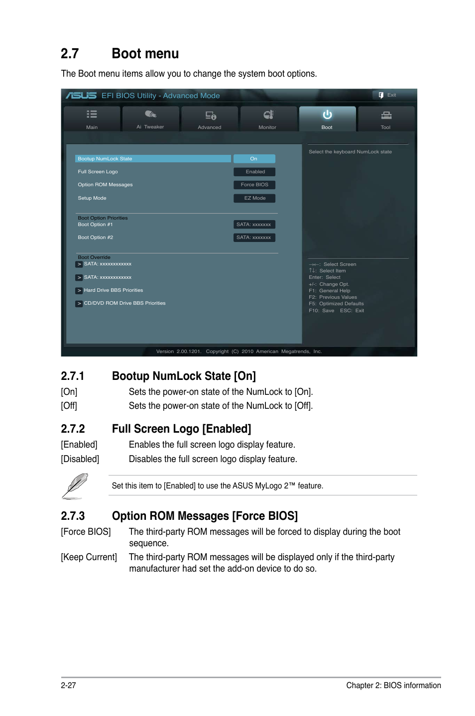 7 boot menu, 1 bootup numlock state, 2 full screen logo | 3 option rom messages, Boot menu -27 2.7.1, Bootup numlock state -27, Full screen logo -27, Option rom messages -27, 1 bootup numlock state [on, 2 full screen logo [enabled | Asus P8Q67-M DO/TPM User Manual | Page 56 / 62