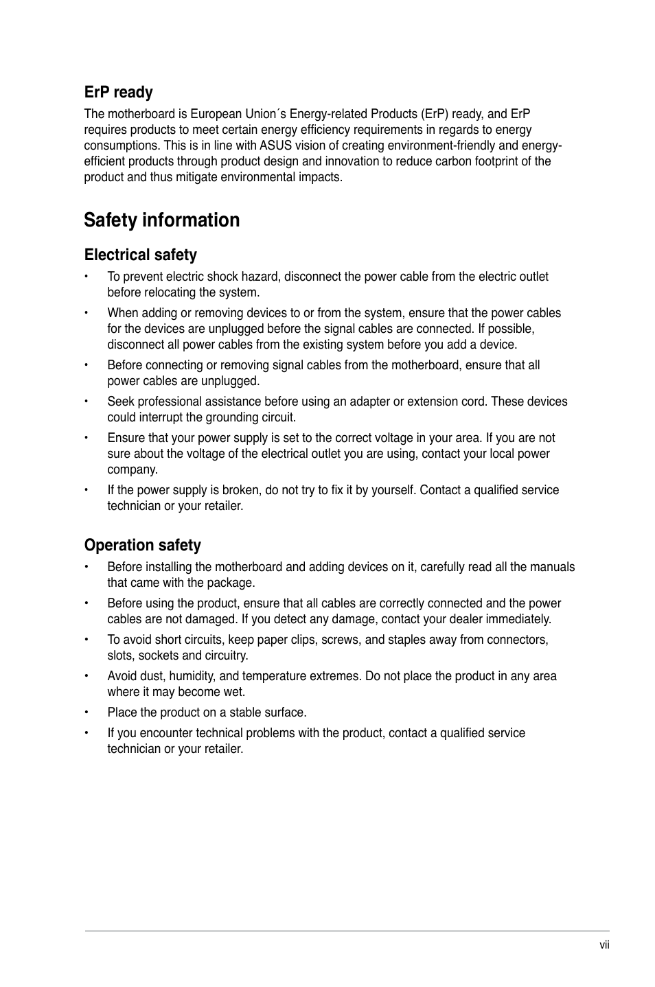 Safety information, Erp ready, Electrical safety | Operation safety | Asus P8Q67-M DO/TPM User Manual | Page 7 / 62