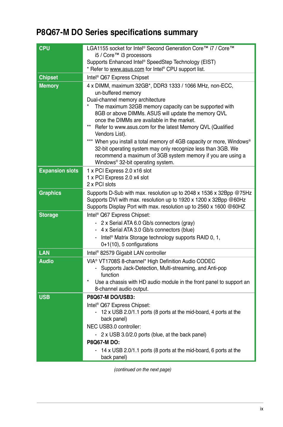 P8q67-m do series specifications summary | Asus P8Q67-M DO/TPM User Manual | Page 9 / 62