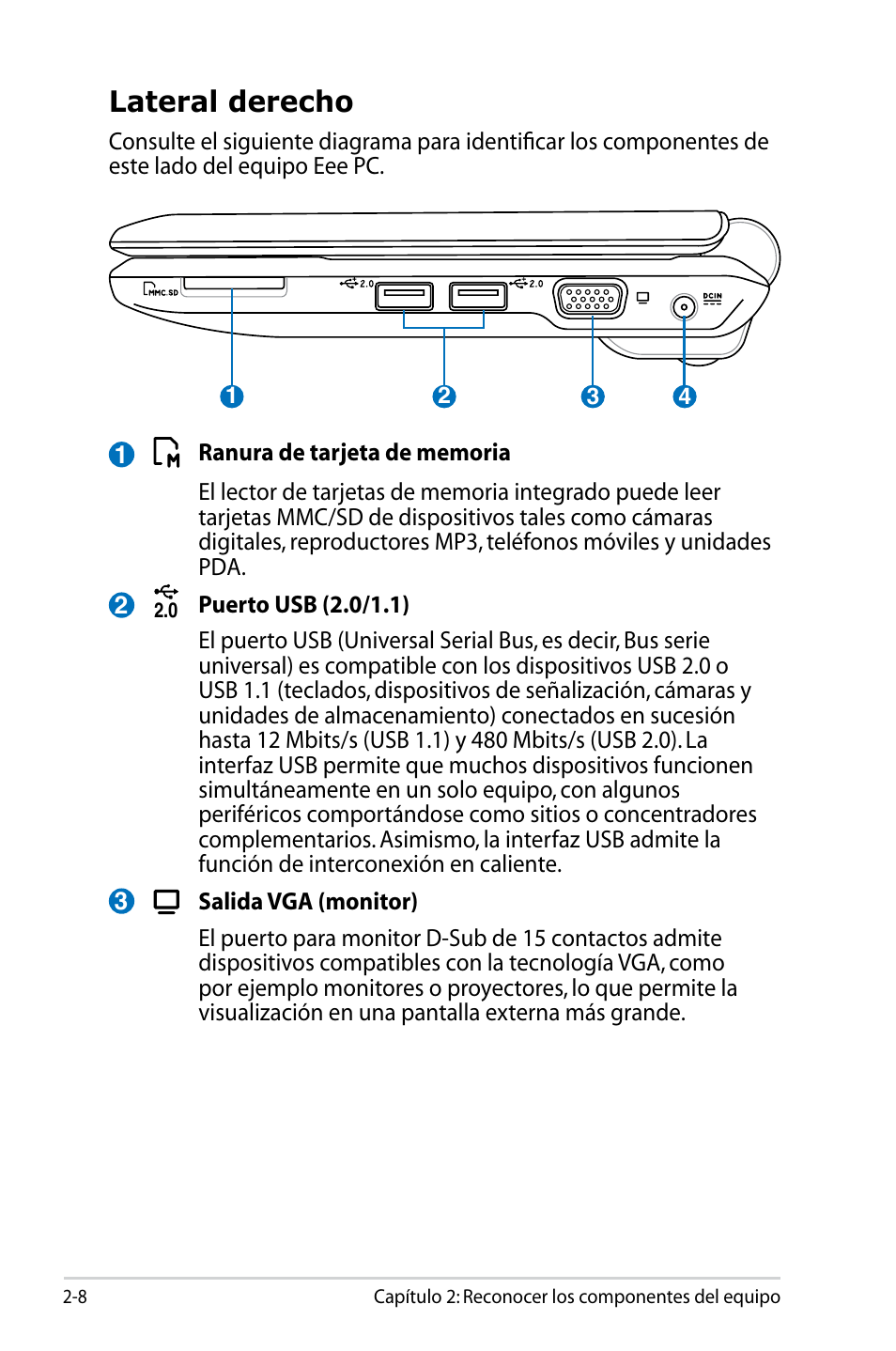 Lateral derecho | Asus Eee PC 904HD/Linux User Manual | Page 20 / 69