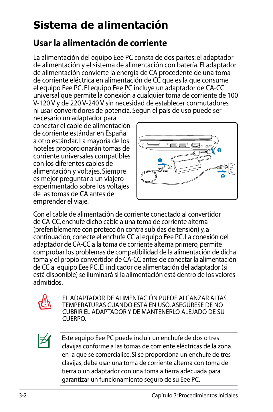 Sistema de alimentación, Usar la alimentación de corriente | Asus Eee PC 904HD/Linux User Manual | Page 26 / 69