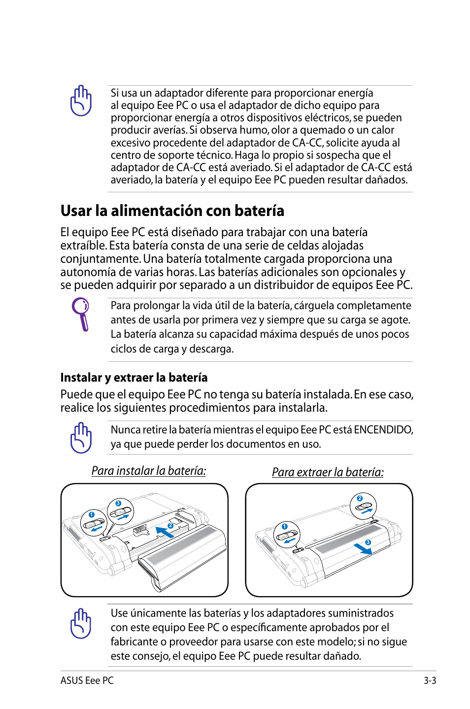Usar la alimentación con batería | Asus Eee PC 904HD/Linux User Manual | Page 27 / 69