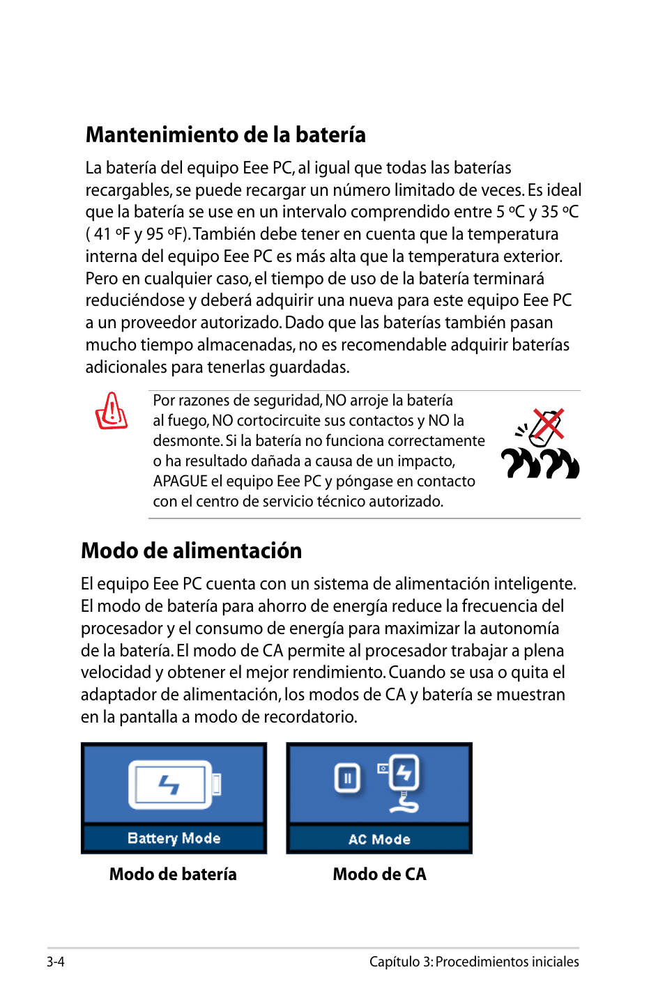 Mantenimiento de la batería, Modo de alimentación | Asus Eee PC 904HD/Linux User Manual | Page 28 / 69