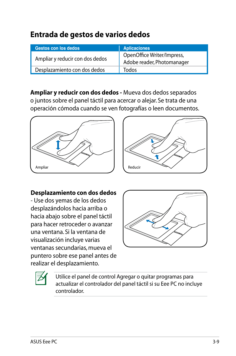 Entrada de gestos de varios dedos | Asus Eee PC 904HD/Linux User Manual | Page 33 / 69