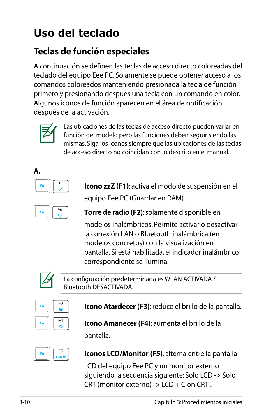 Uso del teclado, Teclas de función especiales | Asus Eee PC 904HD/Linux User Manual | Page 34 / 69