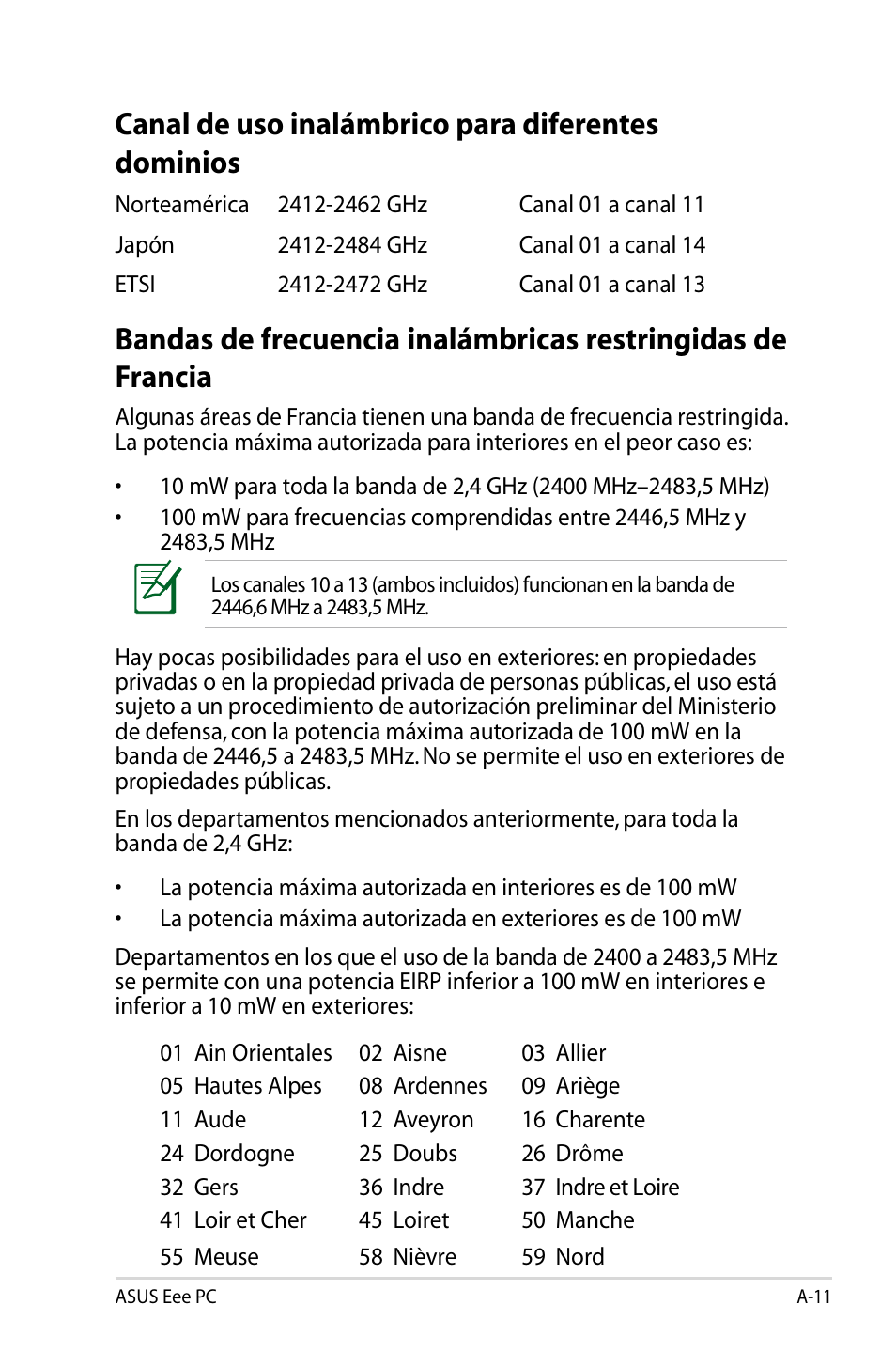 Canal de uso inalámbrico para diferentes dominios | Asus Eee PC 904HD/Linux User Manual | Page 52 / 69