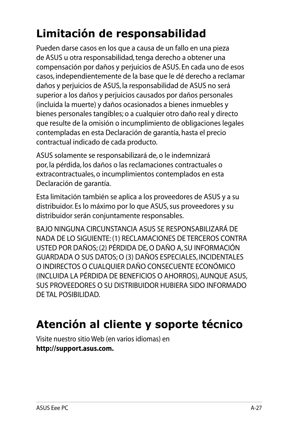 Limitación de responsabilidad, Atención al cliente y soporte técnico | Asus Eee PC 904HD/Linux User Manual | Page 68 / 69