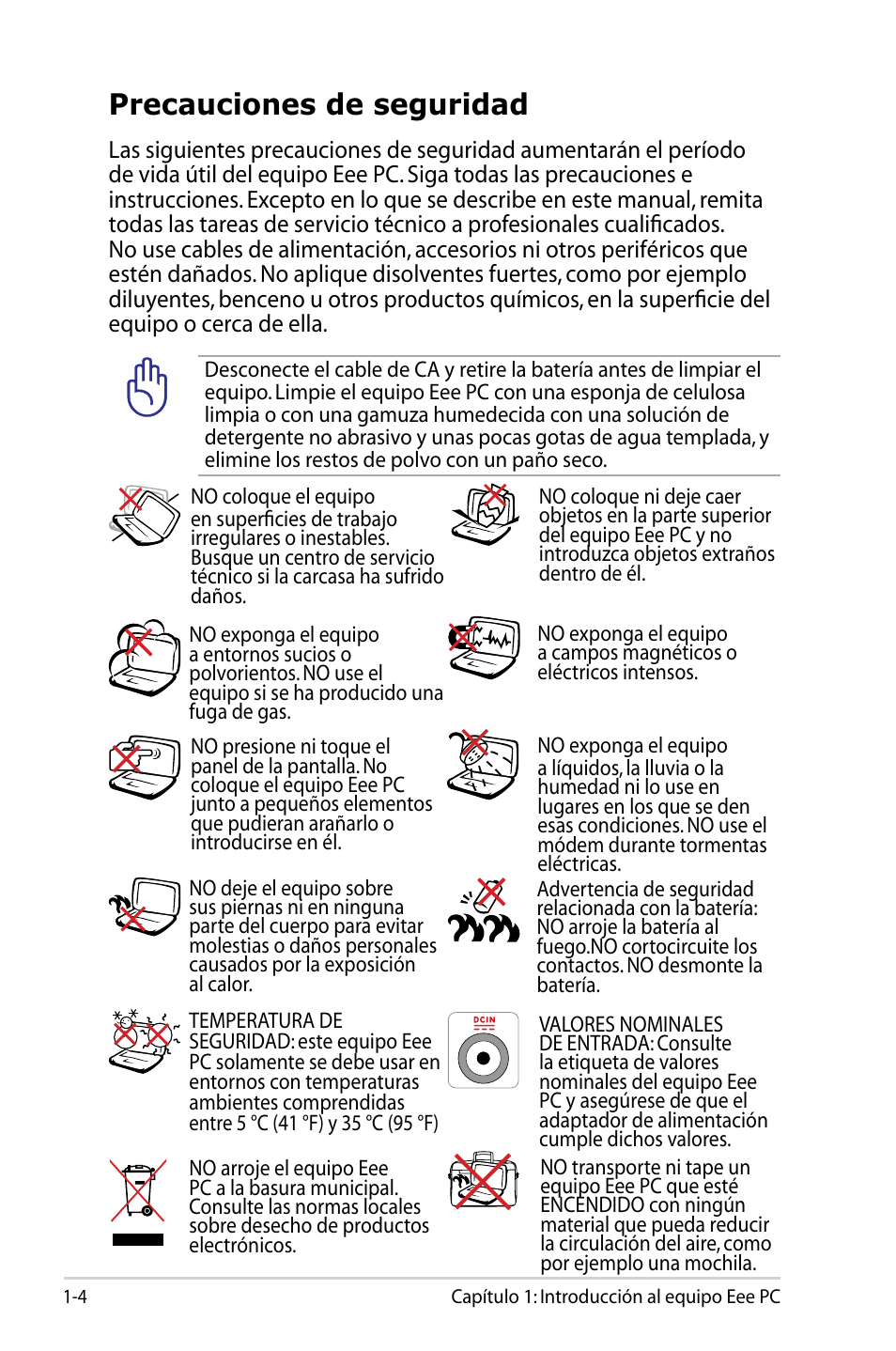 Precauciones de seguridad | Asus Eee PC 904HD/Linux User Manual | Page 8 / 69