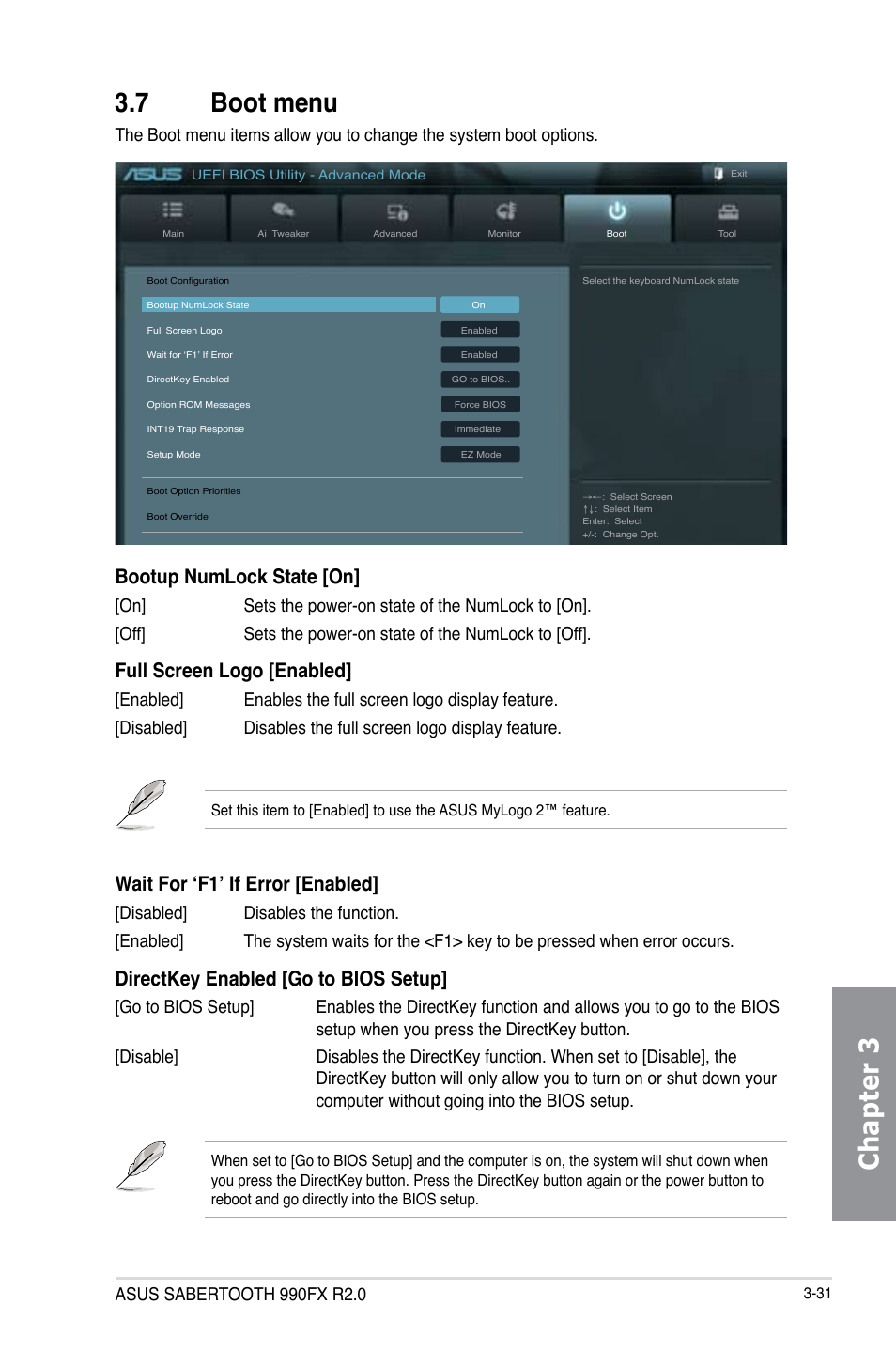 7 boot menu, Boot menu -31, Chapter 3 3.7 boot menu | Bootup numlock state [on, Full screen logo [enabled, Wait for ‘f1’ if error [enabled, Directkey enabled [go to bios setup | Asus SABERTOOTH 990FX R2.0 User Manual | Page 101 / 180