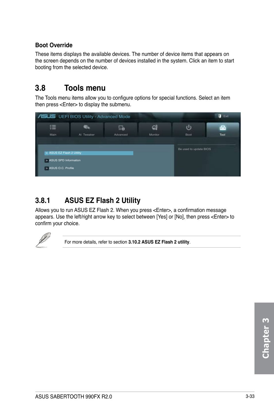 8 tools menu, 1 asus ez flash 2 utility, Tools menu -33 3.8.1 | Asus ez flash 2 utility -33, Chapter 3 3.8 tools menu, Boot override | Asus SABERTOOTH 990FX R2.0 User Manual | Page 103 / 180