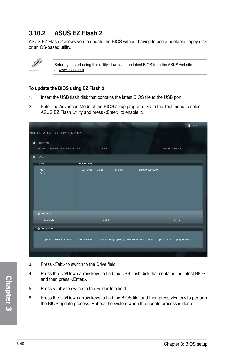 2 asus ez flash 2, Asus ez flash 2 -40, Chapter 3 | Chapter 3: bios setup | Asus SABERTOOTH 990FX R2.0 User Manual | Page 110 / 180