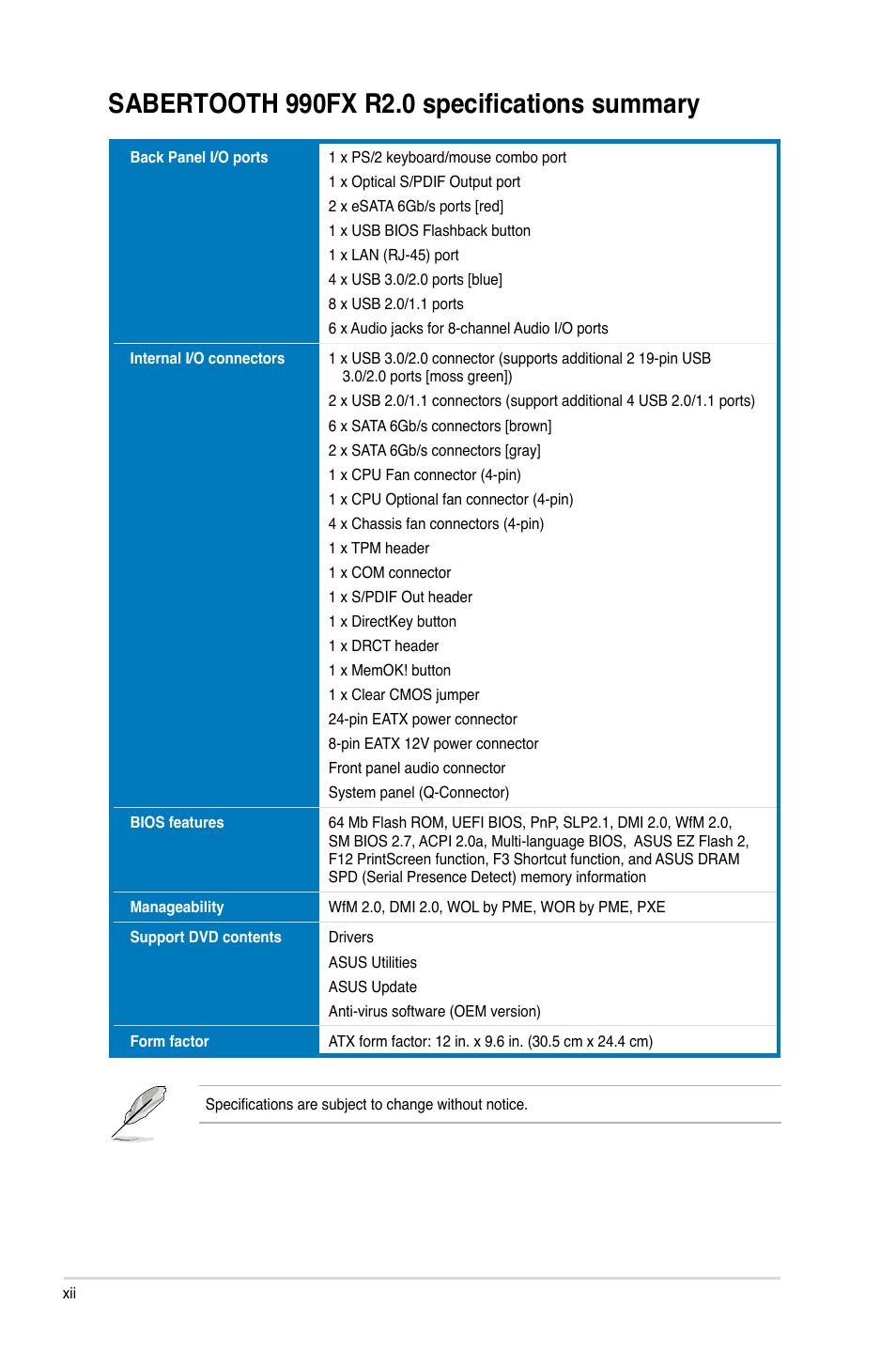 Asus SABERTOOTH 990FX R2.0 User Manual | Page 12 / 180