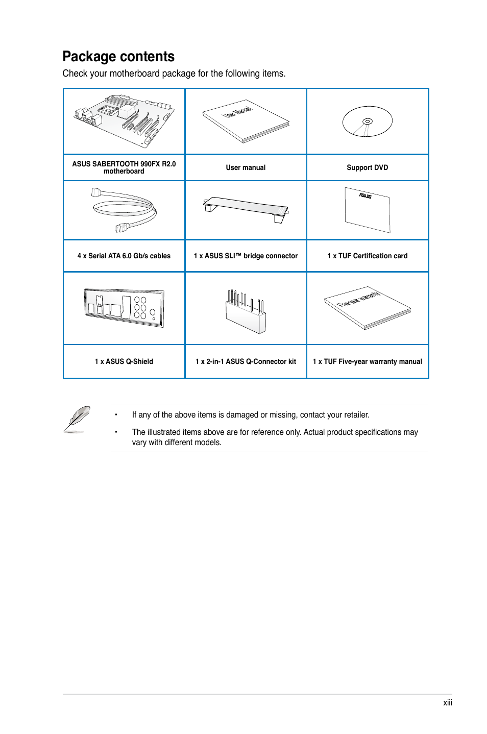 Package contents | Asus SABERTOOTH 990FX R2.0 User Manual | Page 13 / 180