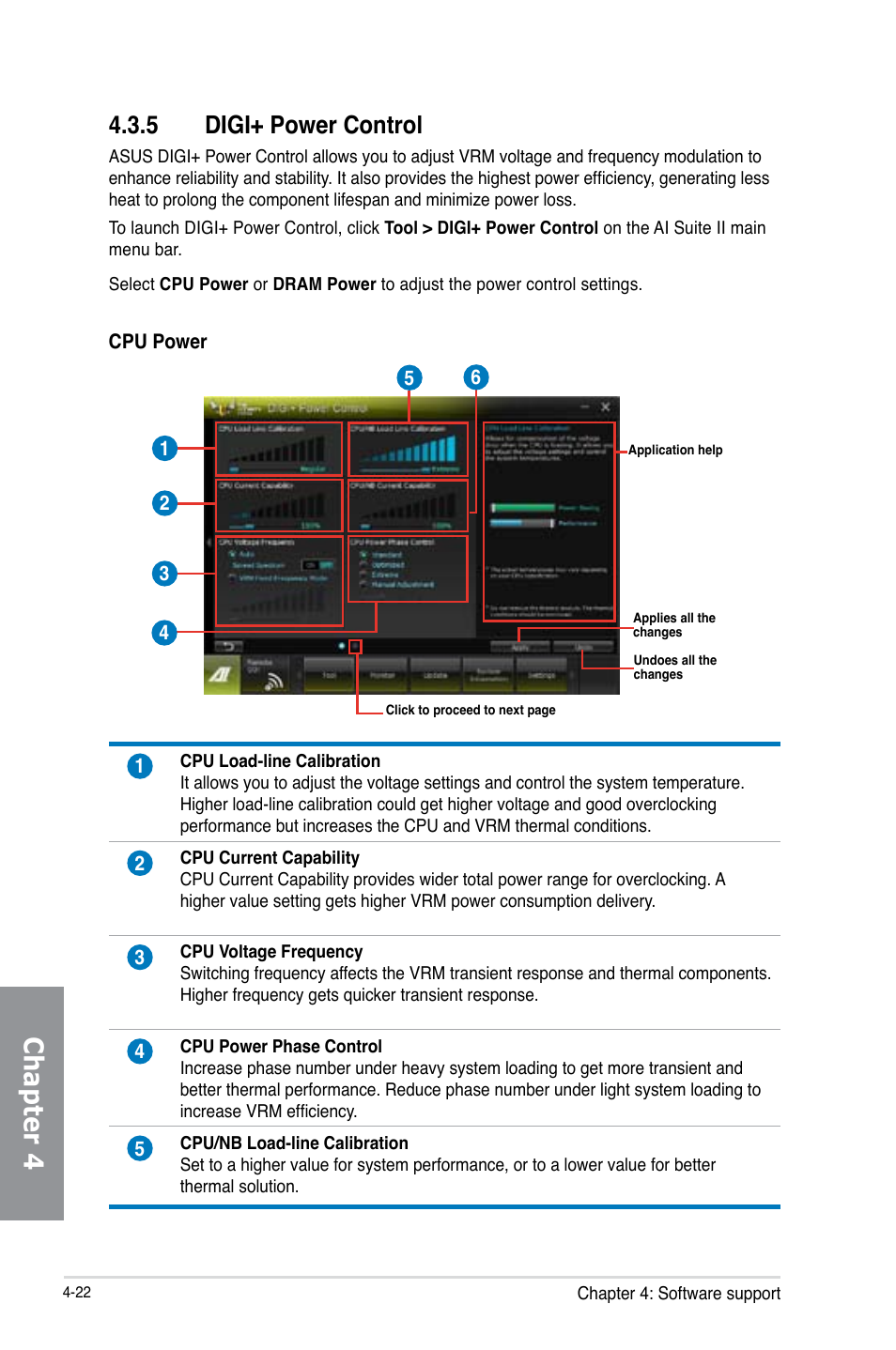 5 digi+ power control, Digi+ power control -22, Chapter 4 | Asus SABERTOOTH 990FX R2.0 User Manual | Page 136 / 180