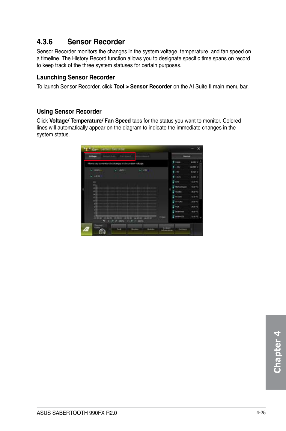 6 sensor recorder, Sensor recorder -25, Chapter 4 | Asus SABERTOOTH 990FX R2.0 User Manual | Page 139 / 180