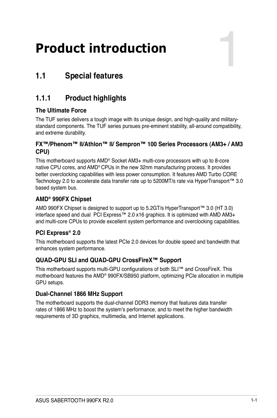 Product introduction, 1 special features, 1 product highlights | Special features -1 1.1.1, Product highlights -1, Chapter 1 | Asus SABERTOOTH 990FX R2.0 User Manual | Page 15 / 180