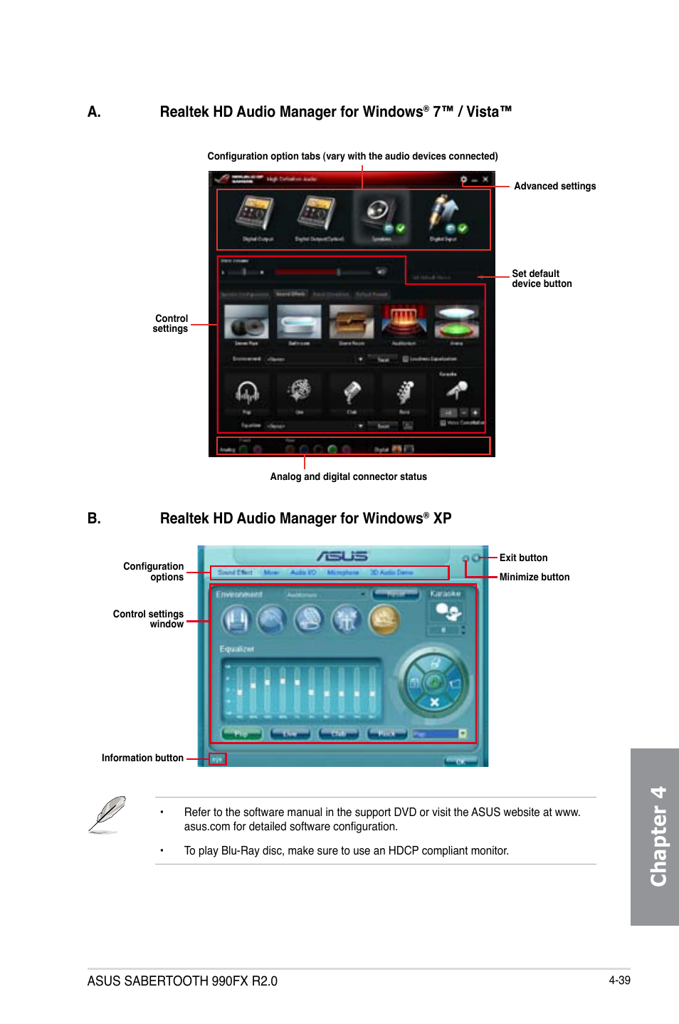 Chapter 4, B. realtek hd audio manager for windows, A. realtek hd audio manager for windows | 7™ / vista | Asus SABERTOOTH 990FX R2.0 User Manual | Page 153 / 180