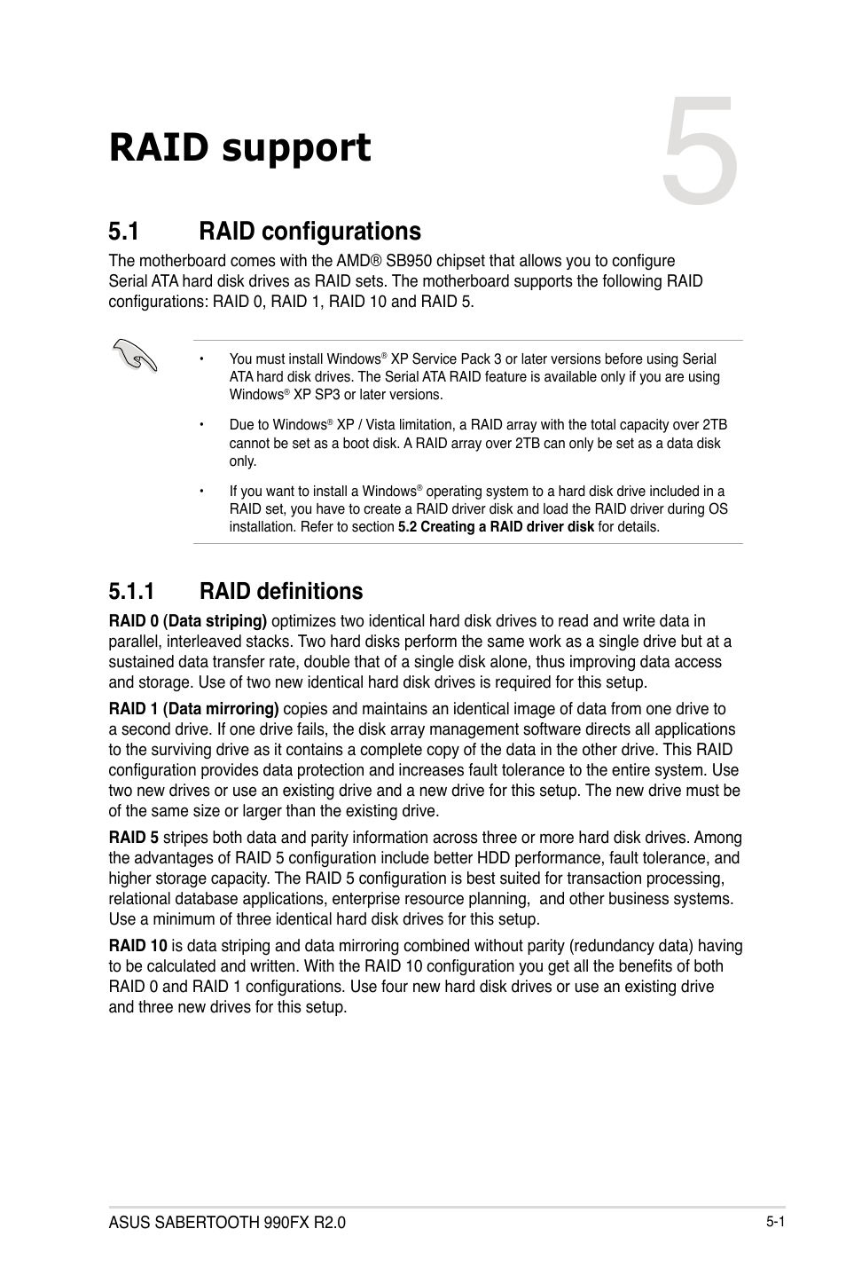 Raid support, 1 raid configurations, 1 raid definitions | Raid configurations -1 5.1.1, Raid definitions -1, Chapter 5 | Asus SABERTOOTH 990FX R2.0 User Manual | Page 155 / 180