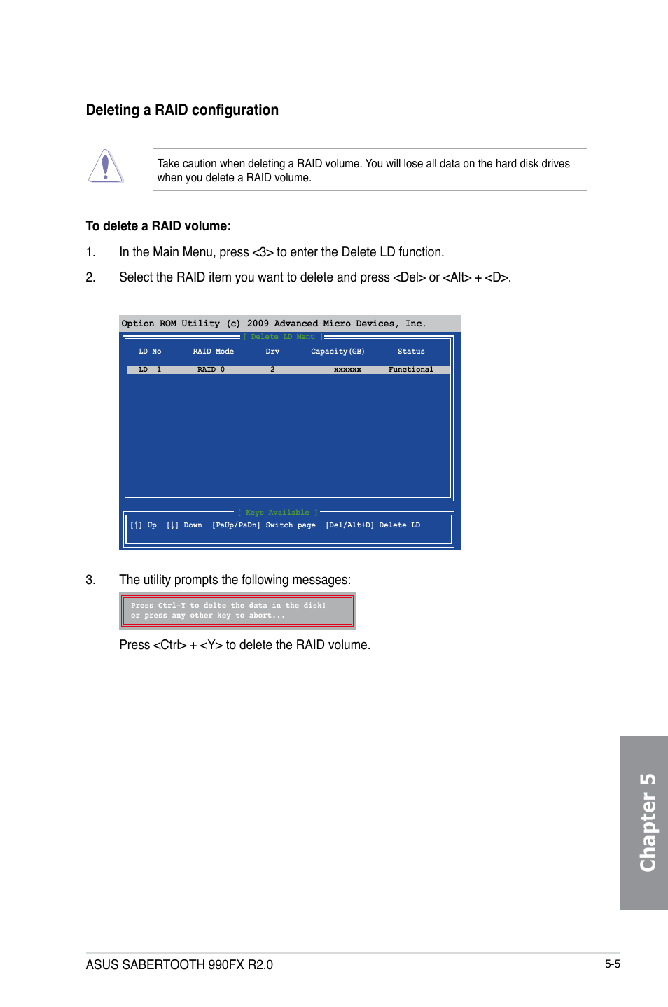 Chapter 5, Deleting a raid configuration | Asus SABERTOOTH 990FX R2.0 User Manual | Page 159 / 180